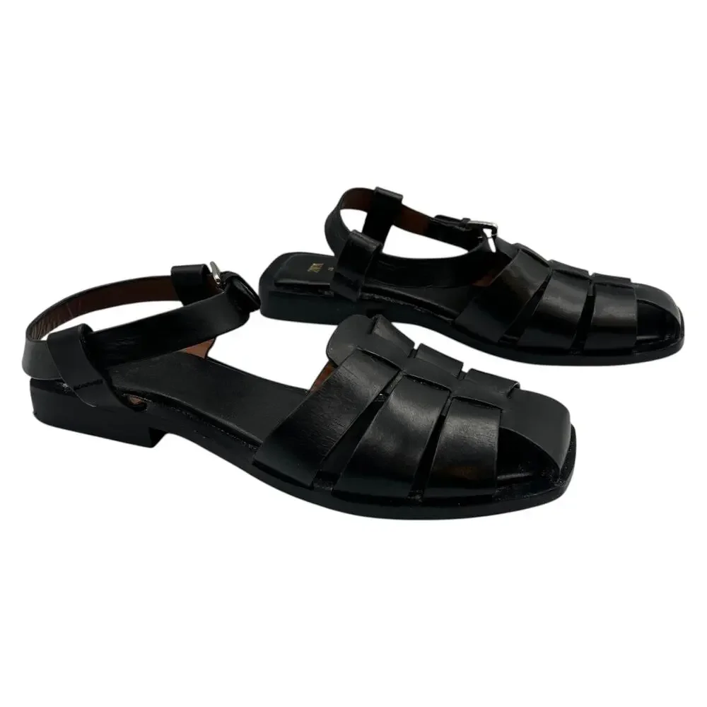 Zara Square Toe Leather Cage Fisherman Flat Sandals Black EU 38 US 7.5 - Picture 5 of 8